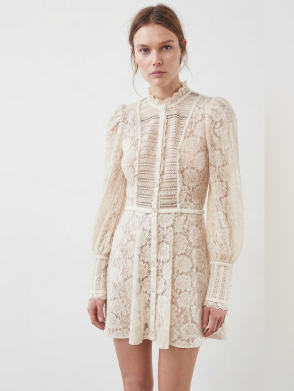 Free People Cream Floral Lace Button-Front Mini Dress XS